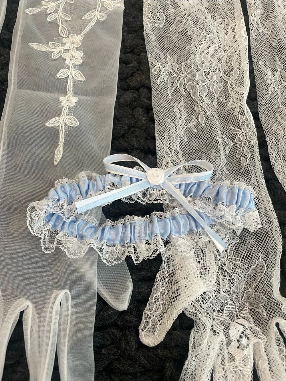 White Lace and Embroidered Sheer Bridal Gloves with Blue Garter BUNDLE